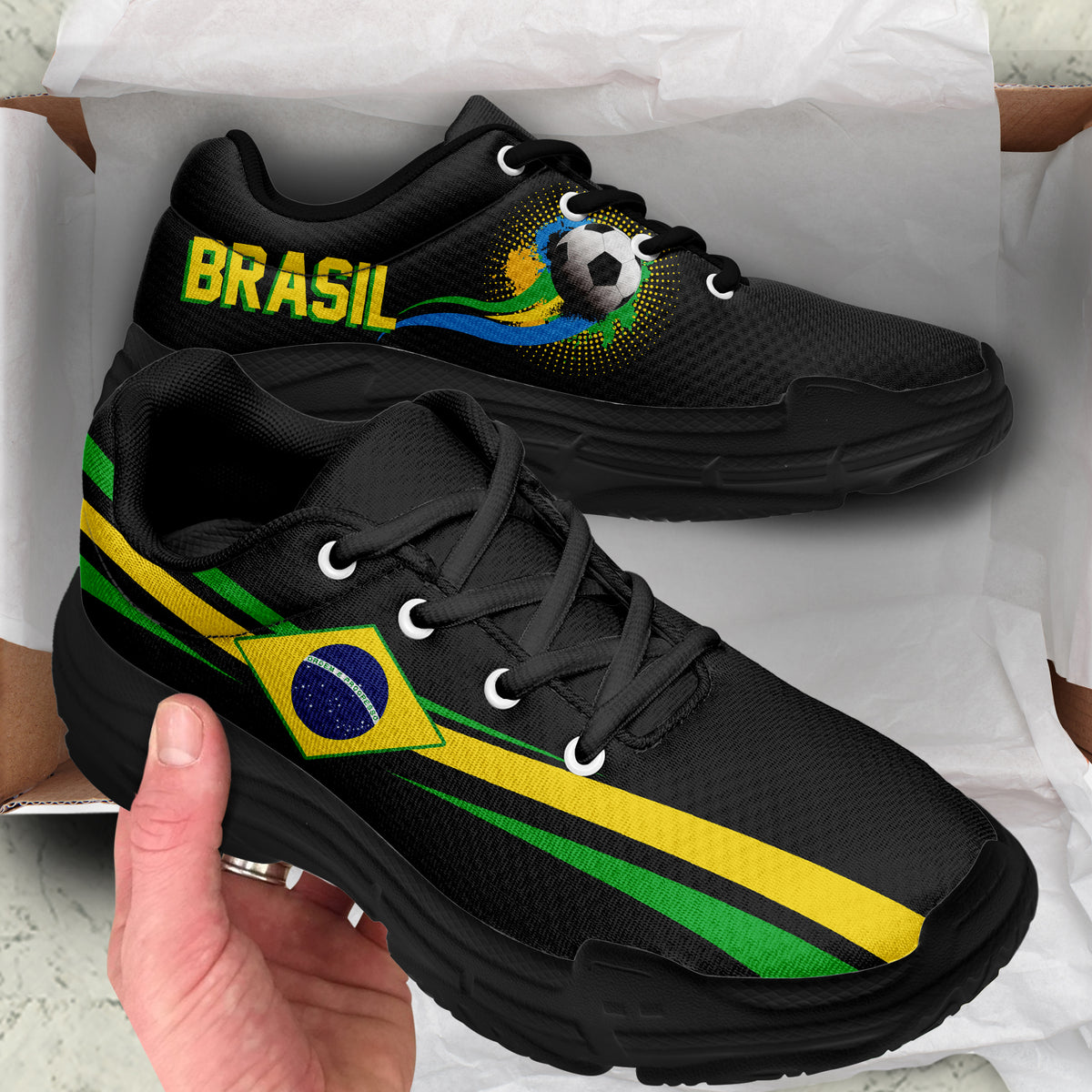 Black chunky sneakers with Brazil stripes and logo, black sole, laced front