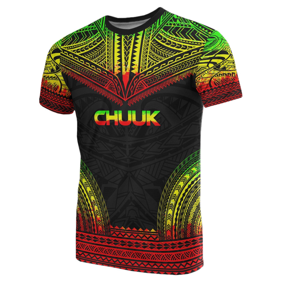 Black Chuuk graphic T-shirt with CHUUK lettering and tribal pattern