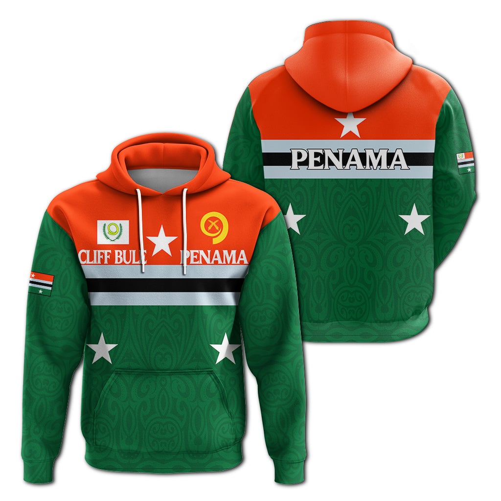 Green pullover hoodie with orange panel, Penama text, stars, and Cliff Bule graphics