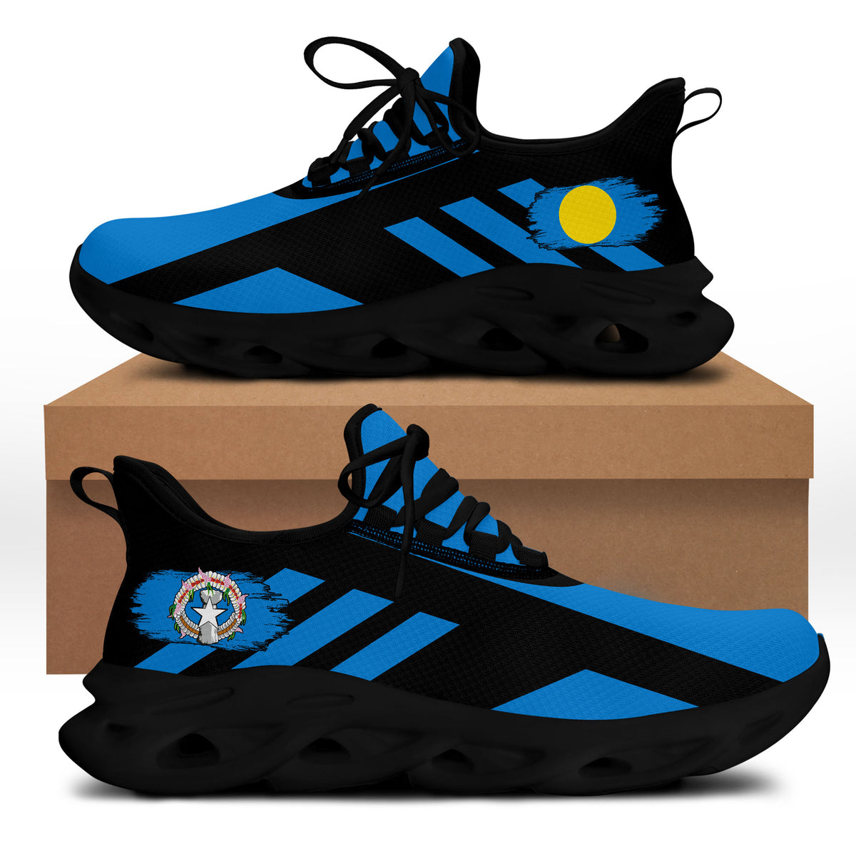Black and blue clunky sneakers with lace-up front, bold striped pattern and sun emblem.