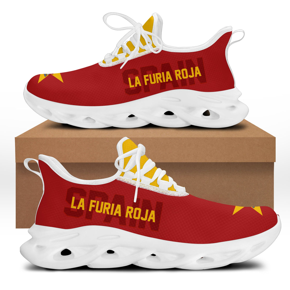 Red clunky sneakers with white sole, yellow accents, and LA FURIA ROJA print