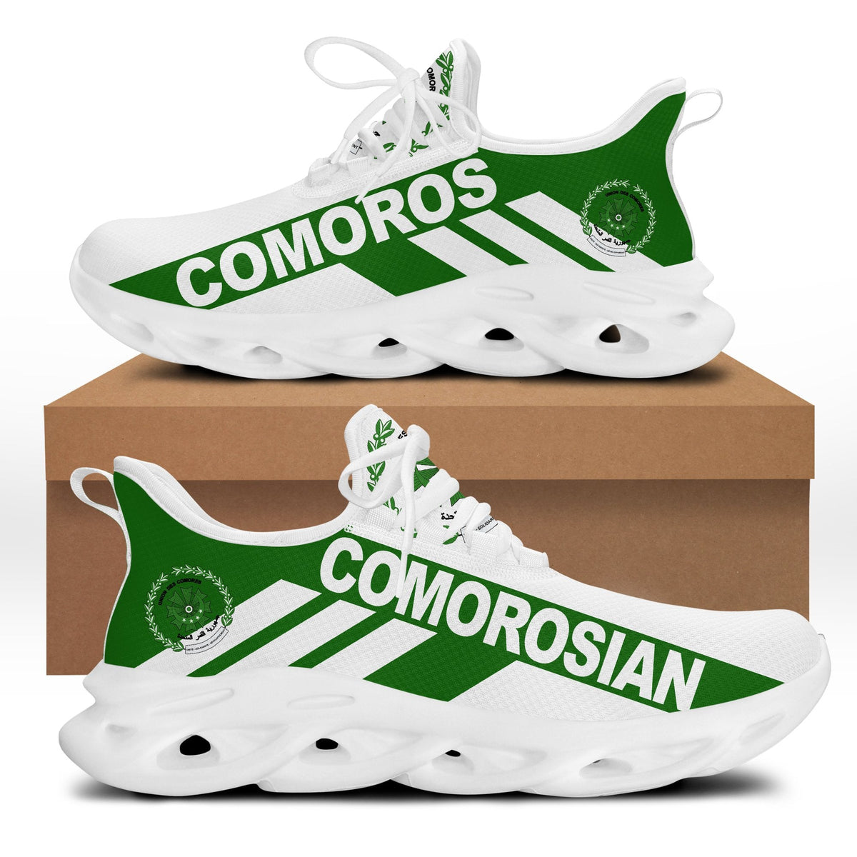 Clunky sneakers with green-and-white Comoros stripe graphic, white sole, lace-up