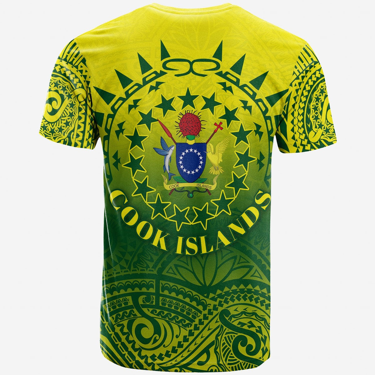 Yellow T-shirt back with green Polynesian tattoo-style circle emblem and 'Cook Islands' text.