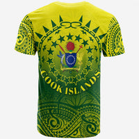 Yellow T-shirt back with green Polynesian tattoo-style circle emblem and 'Cook Islands' text.