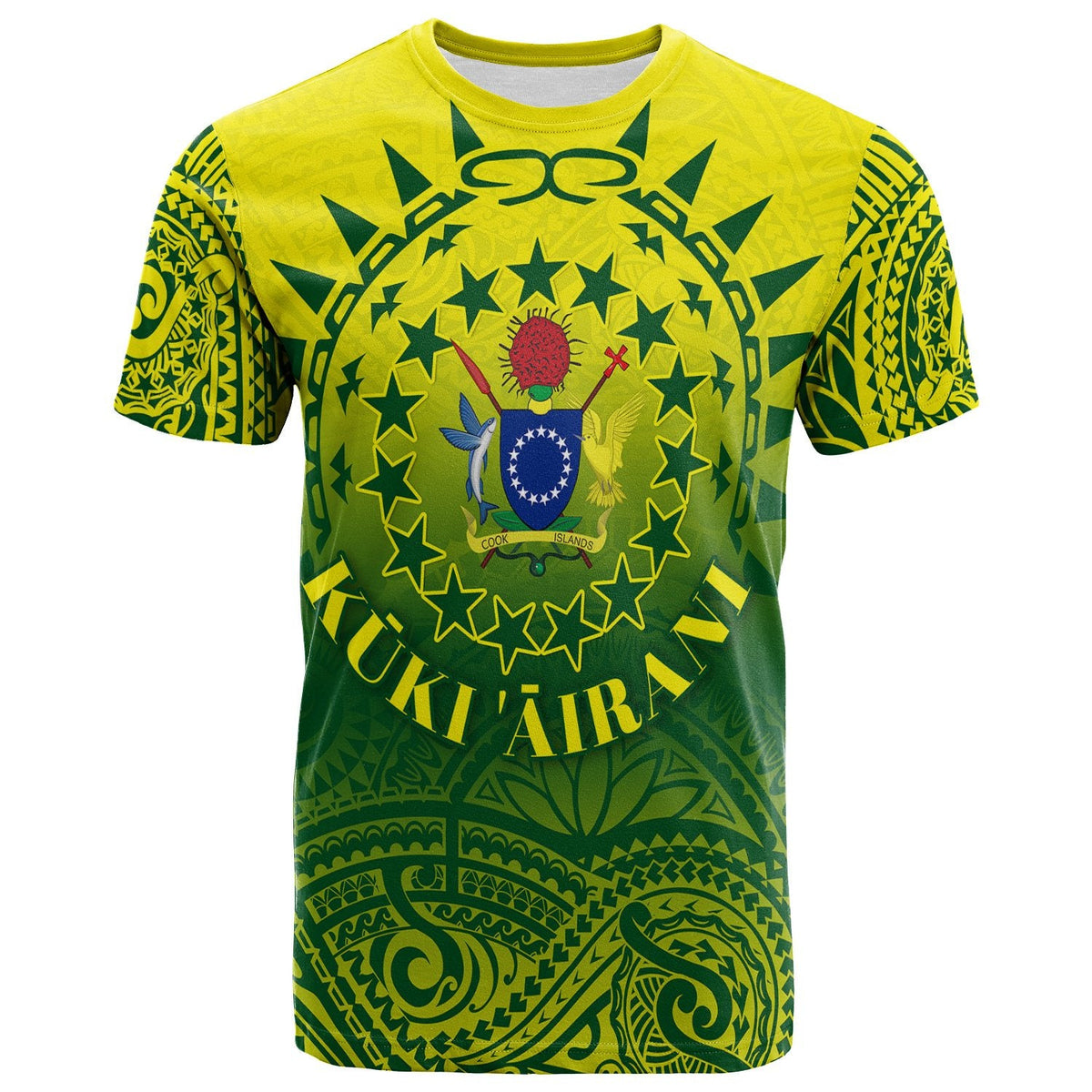 Yellow T-shirt with green Polynesian tattoo-style crest graphic in front, crew neck.