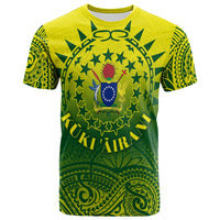Yellow T-shirt with green Polynesian tattoo-style crest graphic in front, crew neck.