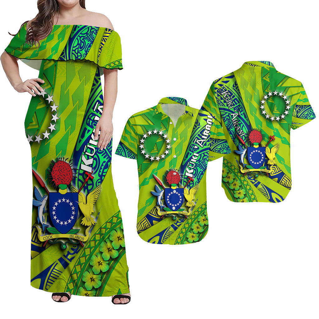 Green off-shoulder maxi dress and matching Hawaiian shirt set, tropical map print