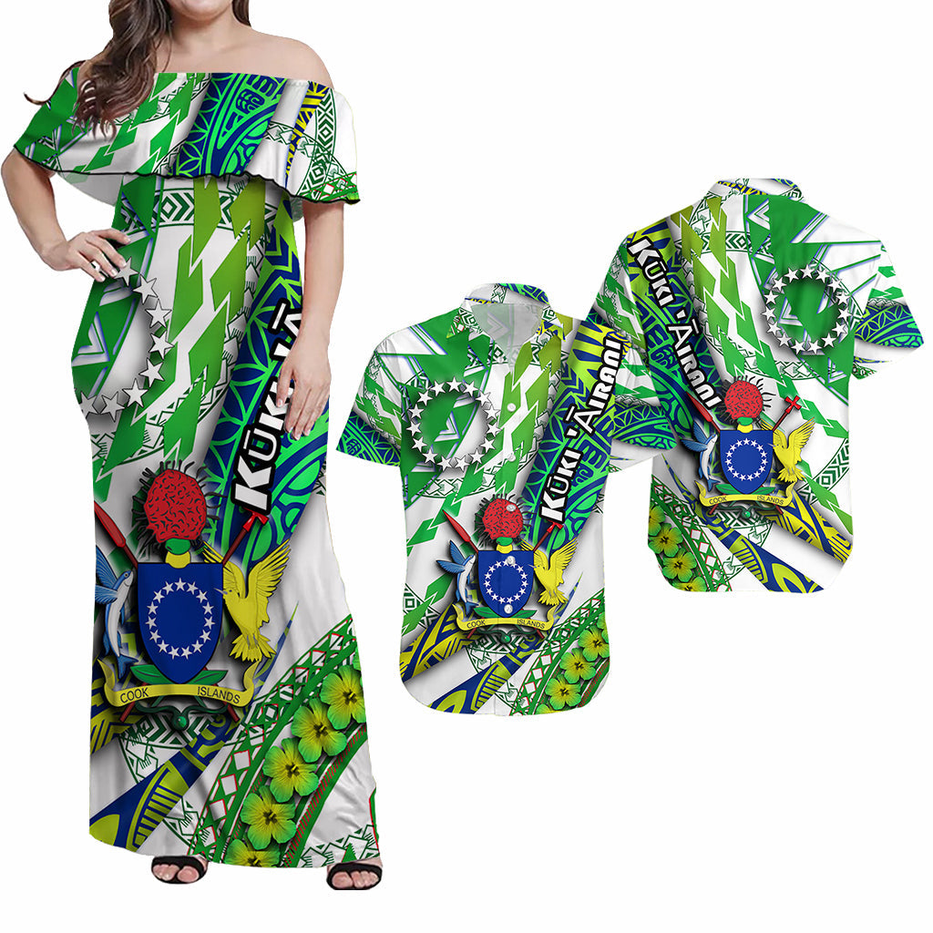 Off-shoulder maxi dress in green and white with tropical map and stars graphic