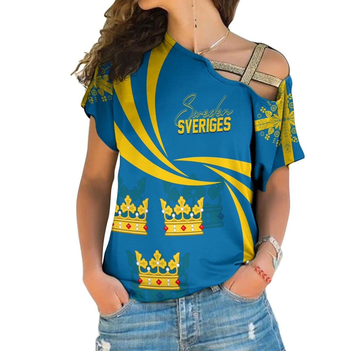 Blue cold-shoulder Sweden shirt with yellow flag print and three crown graphics