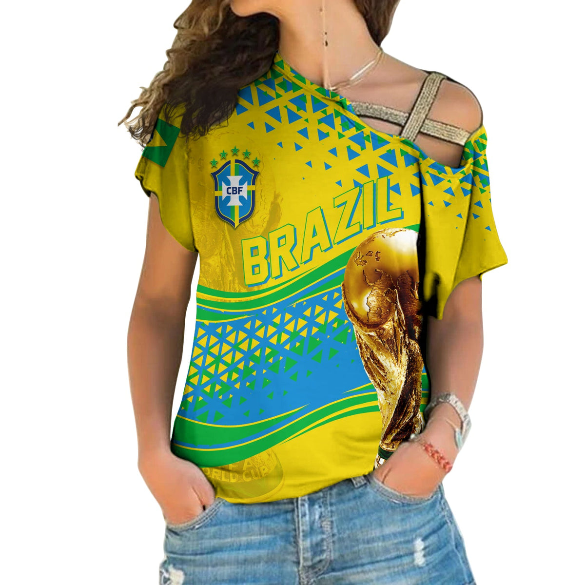Yellow Brazil soccer shirt with off-shoulder cutouts and blue green graphics