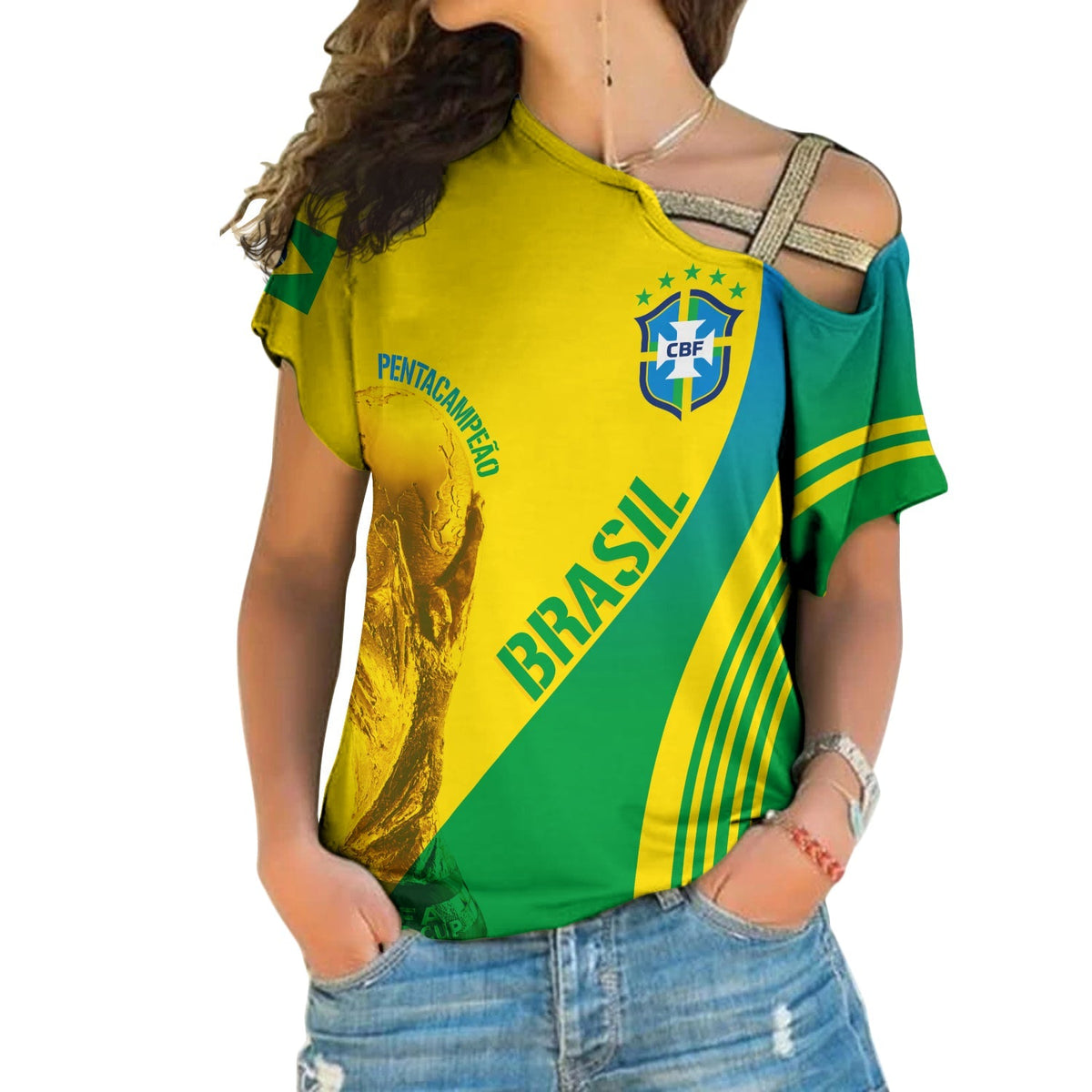 Yellow Brazil off-shoulder cross-shoulder shirt with CBF crest and BRASIL graphic