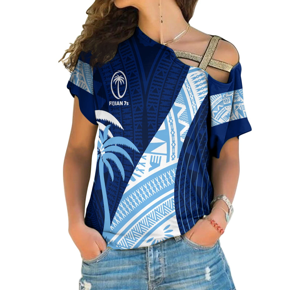 Blue Fiji rugby sevens cross-shoulder shirt with palm and emblem print