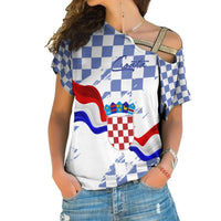 Blue checkered grunge off-shoulder T-shirt, Croatia crest and flag graphic