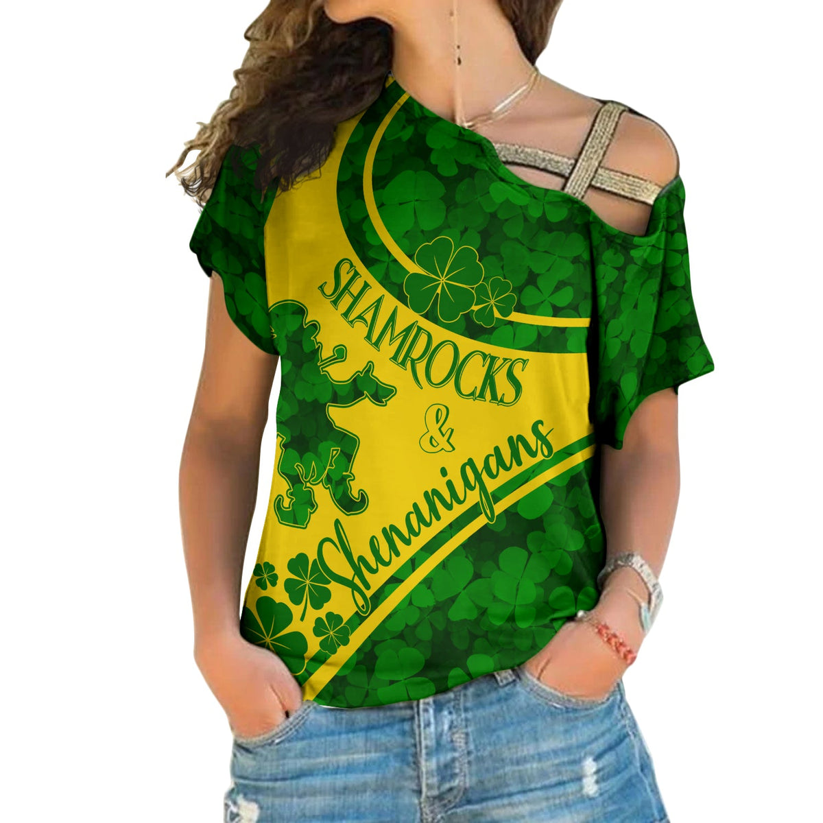 Green cold-shoulder T-shirt with shamrock print and yellow diagonal text