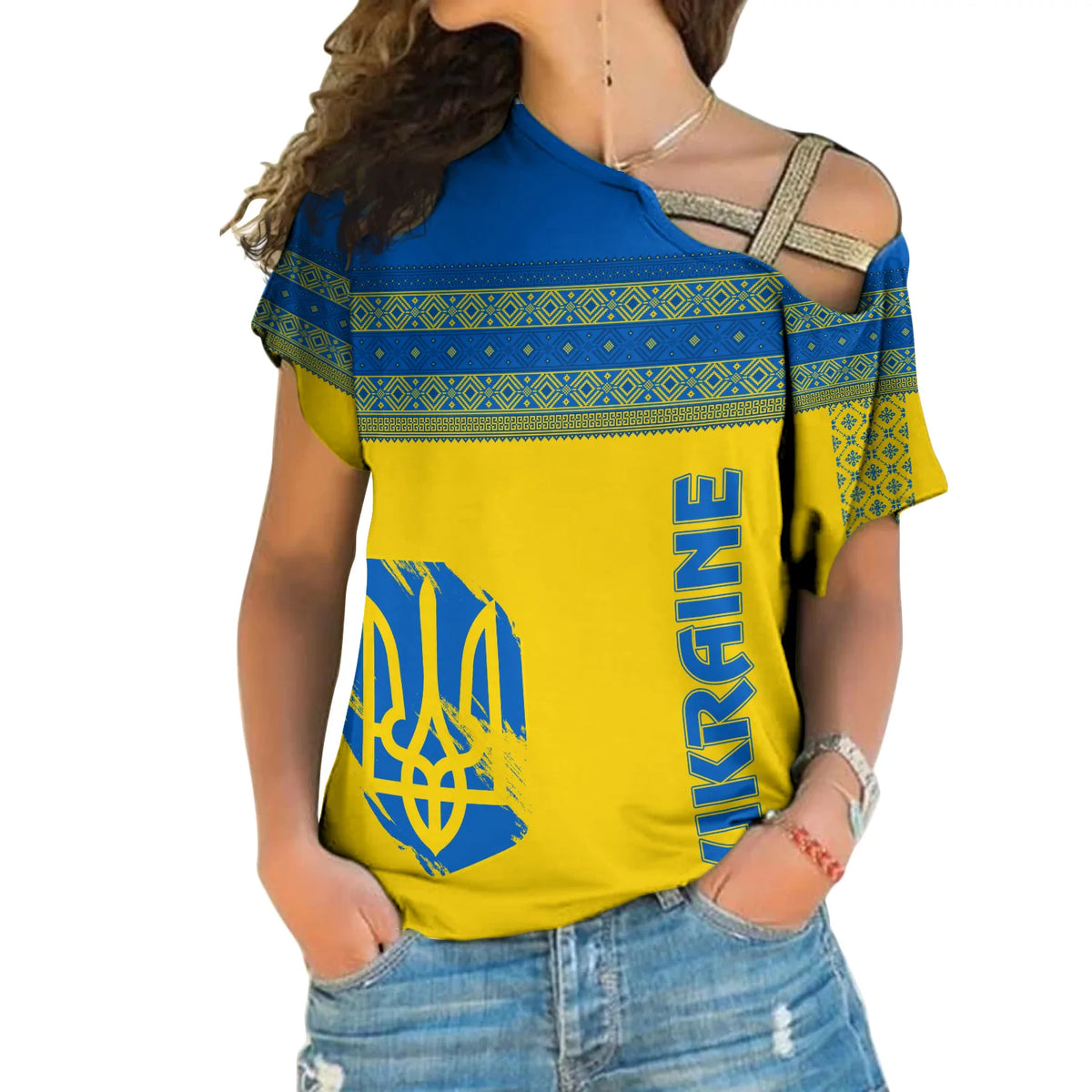 Women's cross-shoulder folk print shirt, yellow with blue collar and green trim