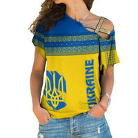 Women's cross-shoulder folk print shirt, yellow with blue collar and green trim