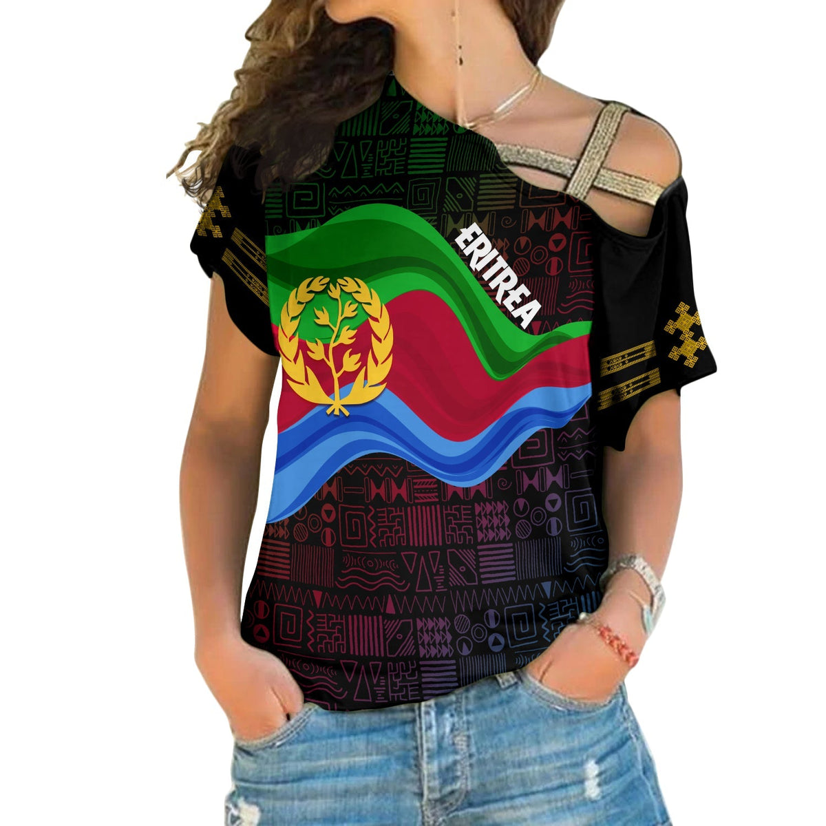 Women's black cold-shoulder T-shirt with Eritrea flag graphic front