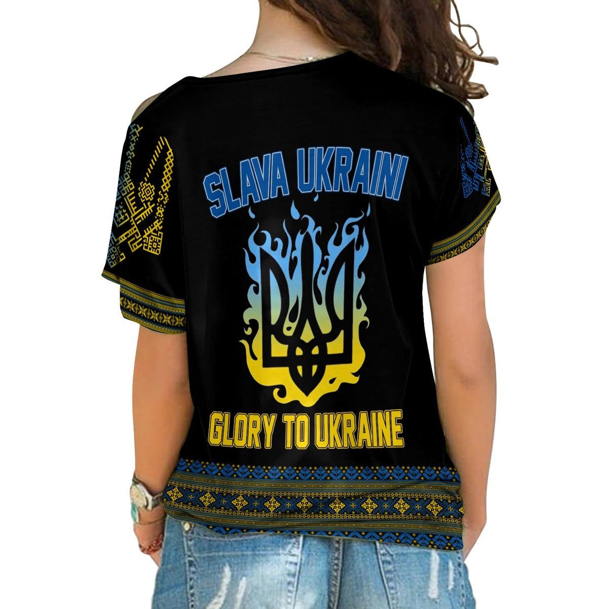 Black back print cold-shoulder shirt: SLAVA UKRAINI, trident, and GLORY TO UKRAINE