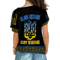 Black back print cold-shoulder shirt: SLAVA UKRAINI, trident, and GLORY TO UKRAINE