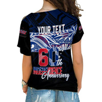 Black tee with large back text area and Independence Anniversary graphic, off-shoulder design