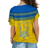 Women's cross-shoulder folk print shirt back, yellow with blue 'Unity Day' graphic