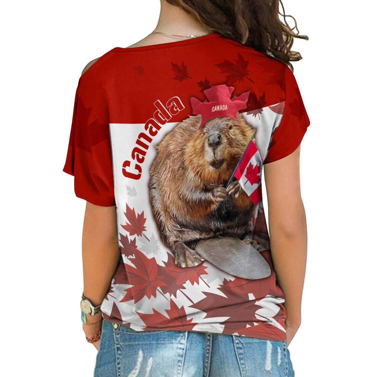 Back view red cold-shoulder shirt with Canada text, beaver portrait, maple leaves