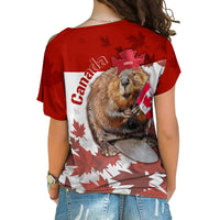Back view red cold-shoulder shirt with Canada text, beaver portrait, maple leaves
