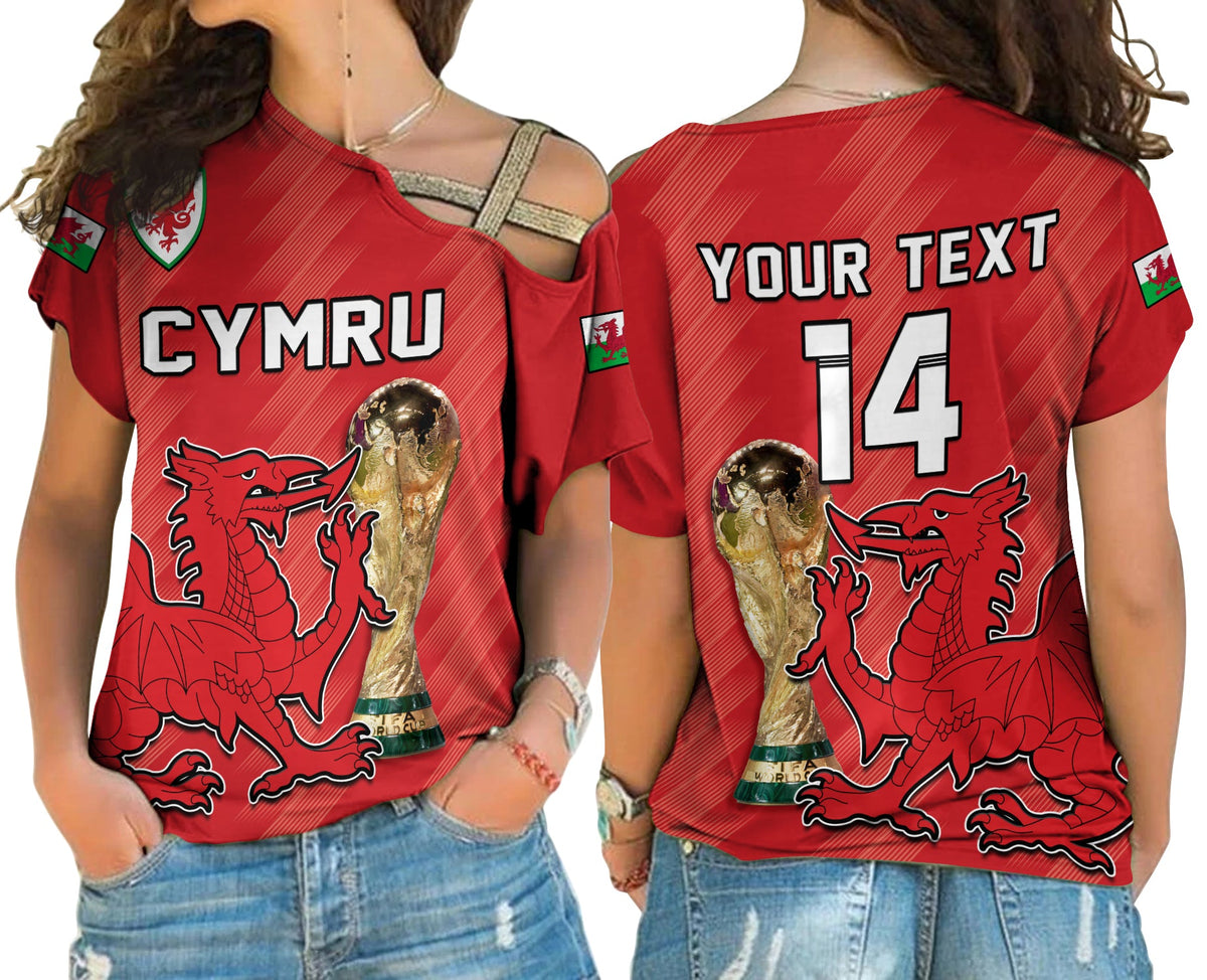 Red short-sleeve football T-shirt with CYMRU lettering and dragon crest graphic