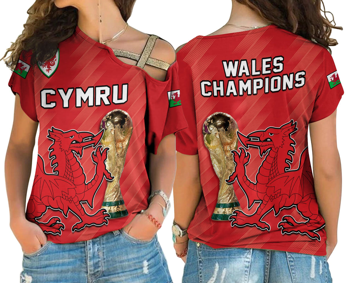 Red football cross-shoulder shirt, CYMRU front and WALES CHAMPIONS back with dragon graphic
