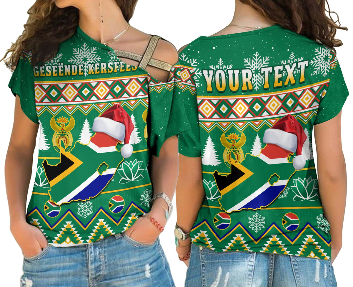 Green Christmas cross-shoulder shirt with 'YOUR TEXT' on back and South Africa flag graphic