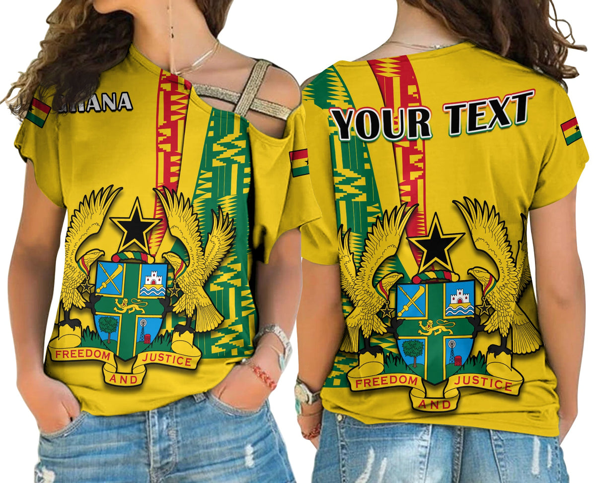 Yellow cross-shoulder T-shirt with kente print and Ghana coat of arms front and back