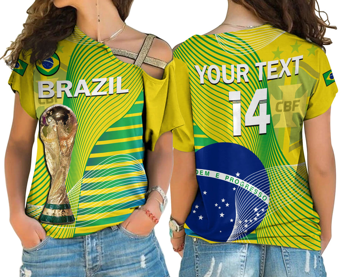 Yellow Brazil football cross-shoulder shirt with green stripes, custom text and 14 on back.
