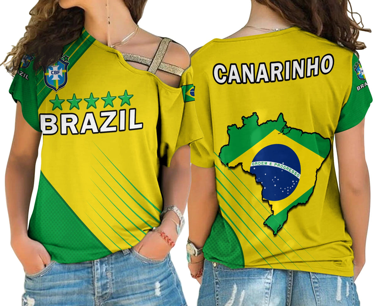 Brazil cross-shoulder football shirt, yellow with green trim, Brazil and map graphics