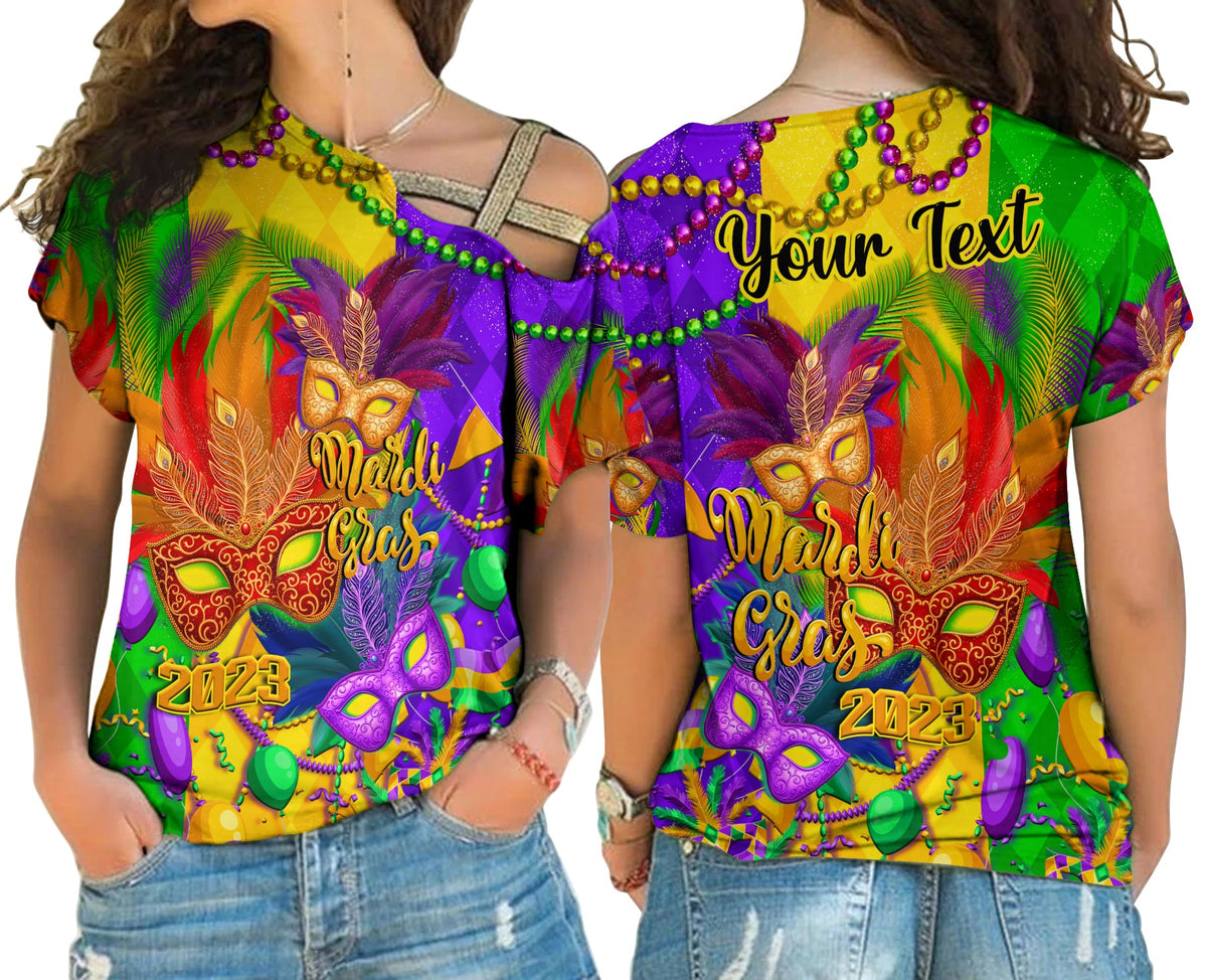 Women's Mardi Gras carnival cross-shoulder shirt in multicolor with mask and 2023 text