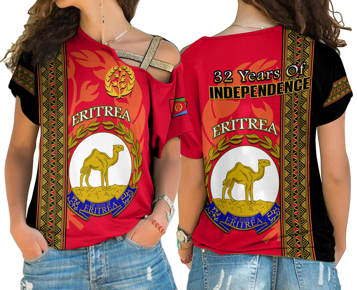 Women's cross-shoulder T-shirt in red with Eritrea crest and Independence lettering