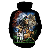 Chief Wolf Warriors all-over print pullover hoodie, black base, front Native warrior & wolf
