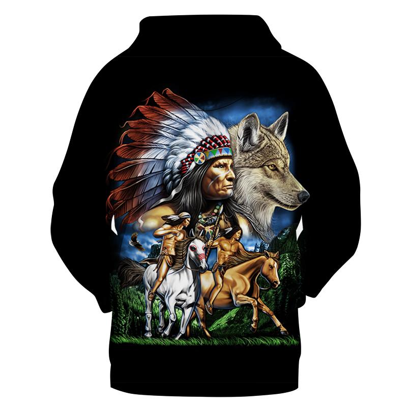 Chief Wolf Warriors all-over print pullover hoodie, black base, back Native warrior & wolf