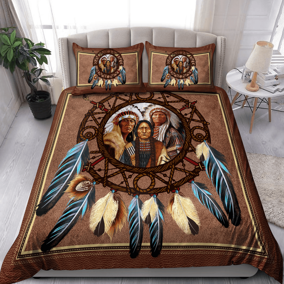 Multicolor Native American 3D printed bedding set with dreamcatcher trio portrait on quilt and pillows