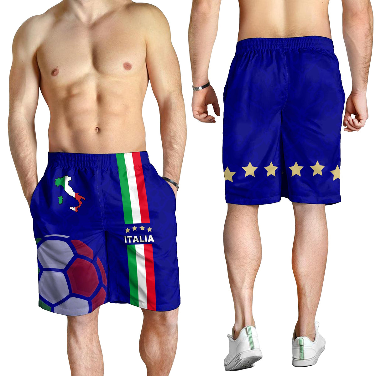 Blue men’s Italy-themed swim shorts, elastic waistband, stars and Italy stripe design
