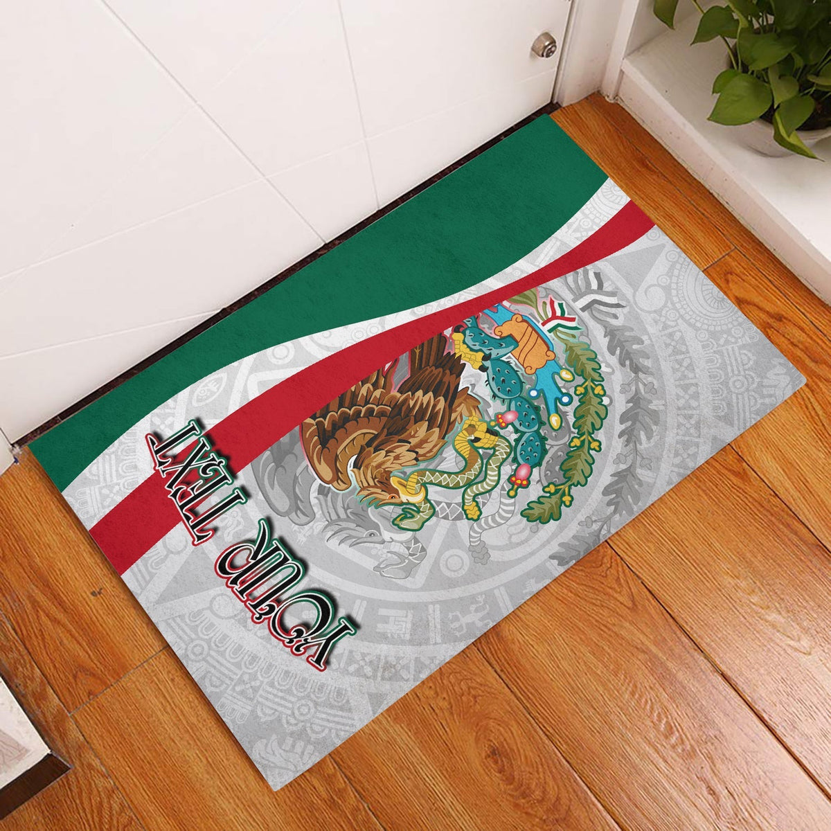 Viva Mexico door mat with eagle and Aztec-style pattern, grey with red and green border