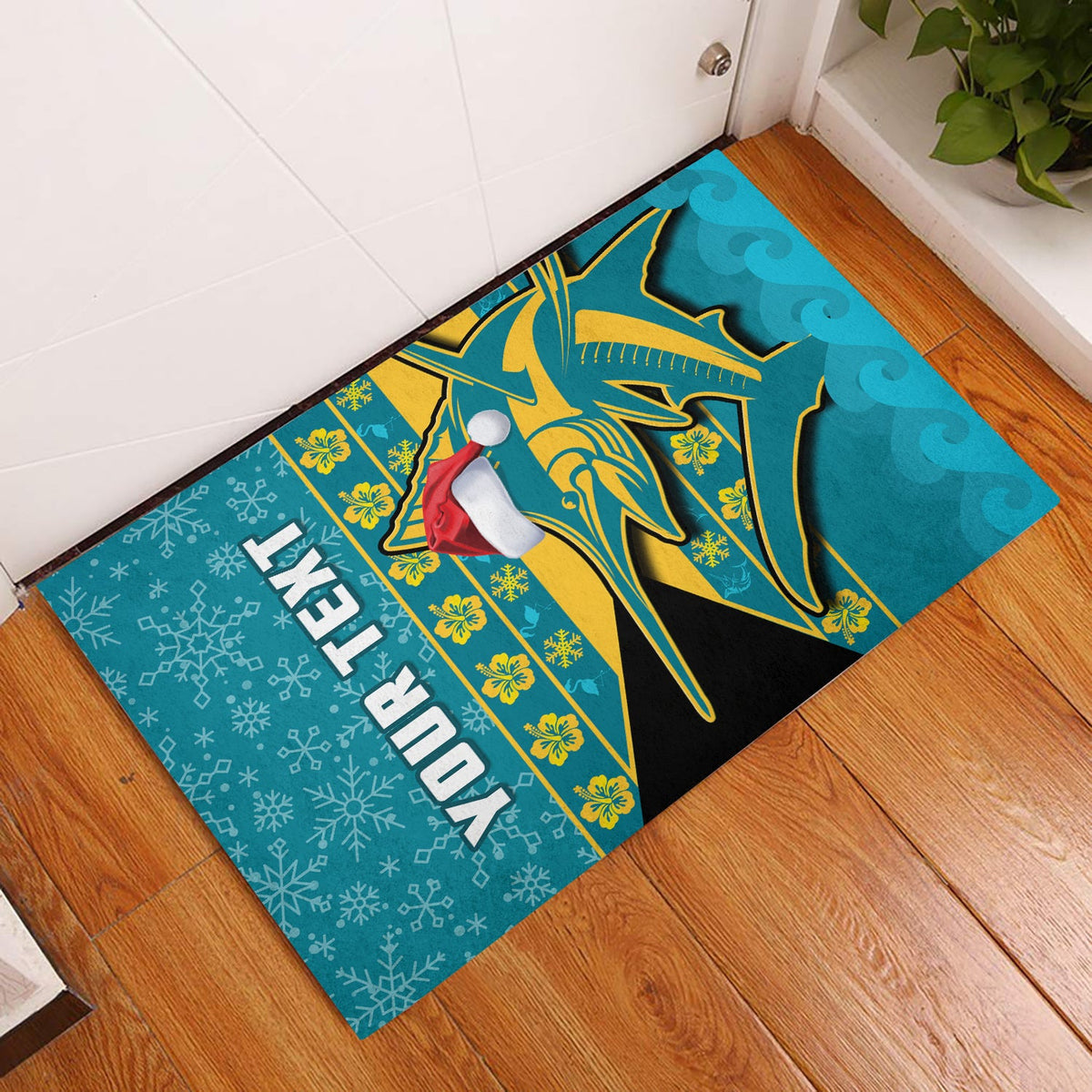 Turquoise and black door mat with blue marlin, yellow accents, and Merry Christmas text