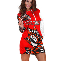 Red hoodie dress front with white drawstring hood, 'YOUR TEXT' and owl graphic