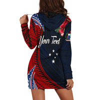 Navy hoodie dress with red tropical print; back shows 'Your text' and star shapes