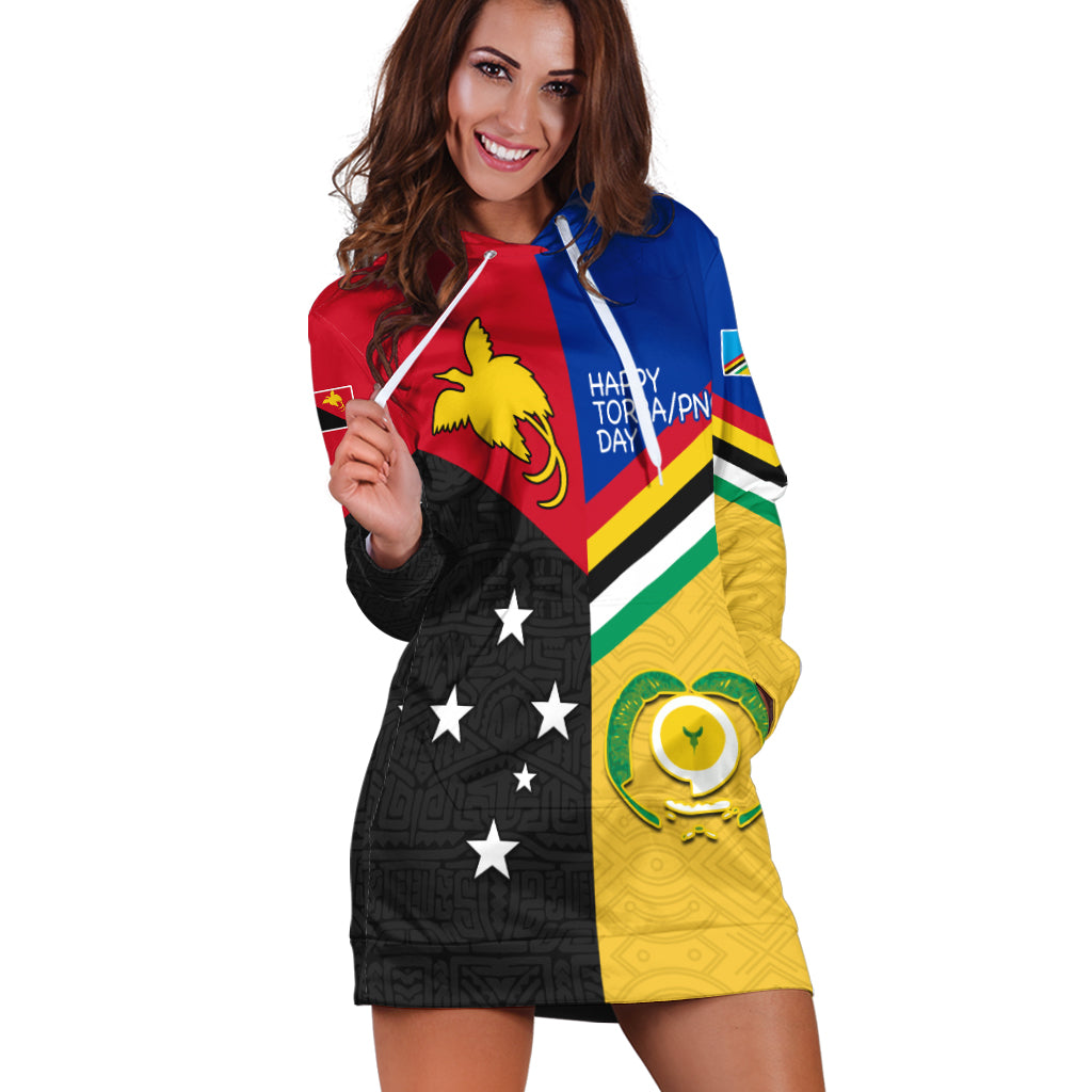 Multicolor hoodie dress with split red/blue, black patterned body, yellow side panel