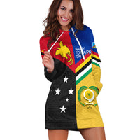 Multicolor hoodie dress with split red/blue, black patterned body, yellow side panel