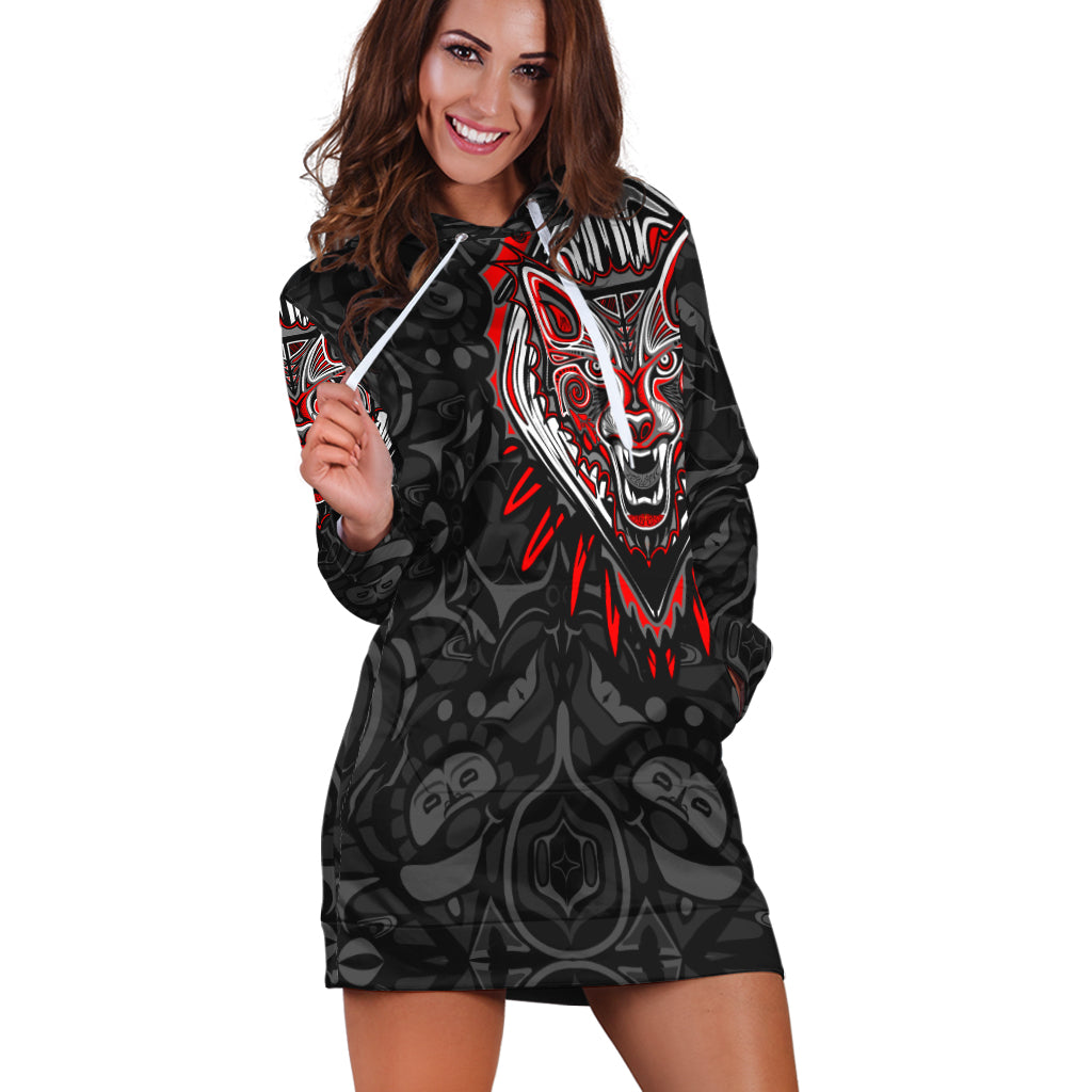 Black hoodie dress with wolf head and red-white graphic print, front view