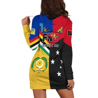 Back multicolor hoodie dress with red/blue hood, stars and large text graphic
