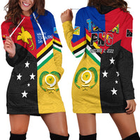 Multicolor graphic hoodie dress, pullover hood, kangaroo pocket, long sleeves