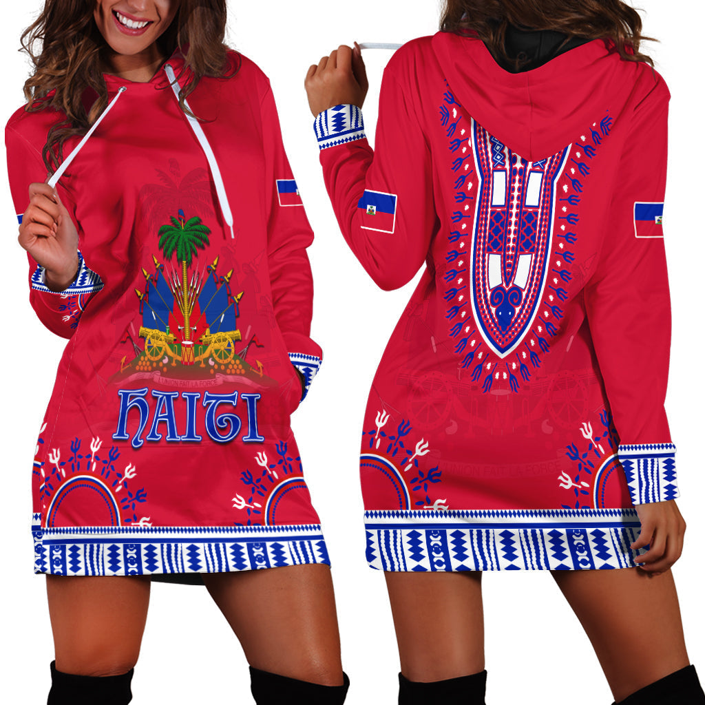 Red hoodie dress with blue dashiki graphic, front kangaroo pocket, white drawstring