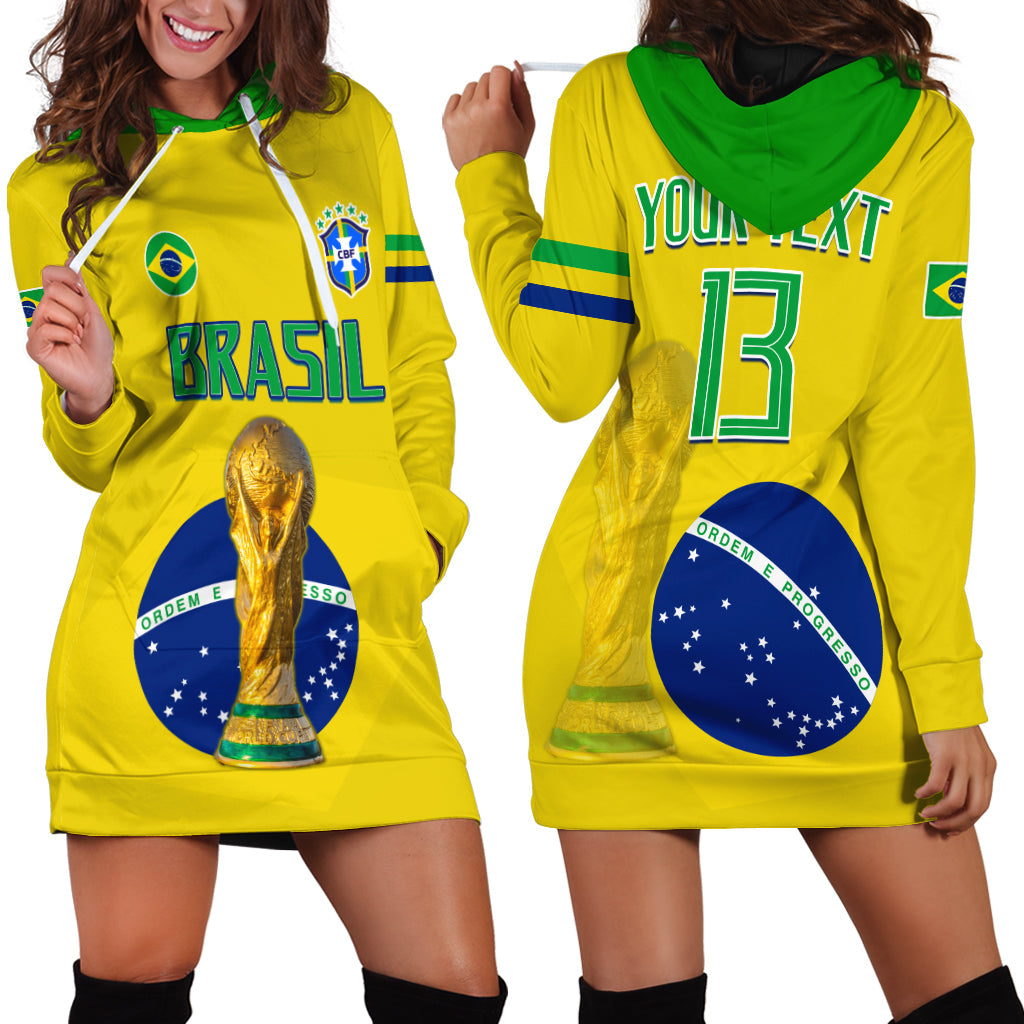 Yellow Brazil football hoodie dress with green hood, Brasil text, trophy print, and crest